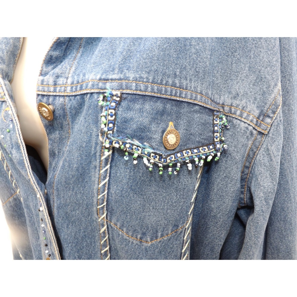 Womens Embellished Denim Jean Jacket Blue Beaded Western Trucker Style L Large - Picture 7 of 16